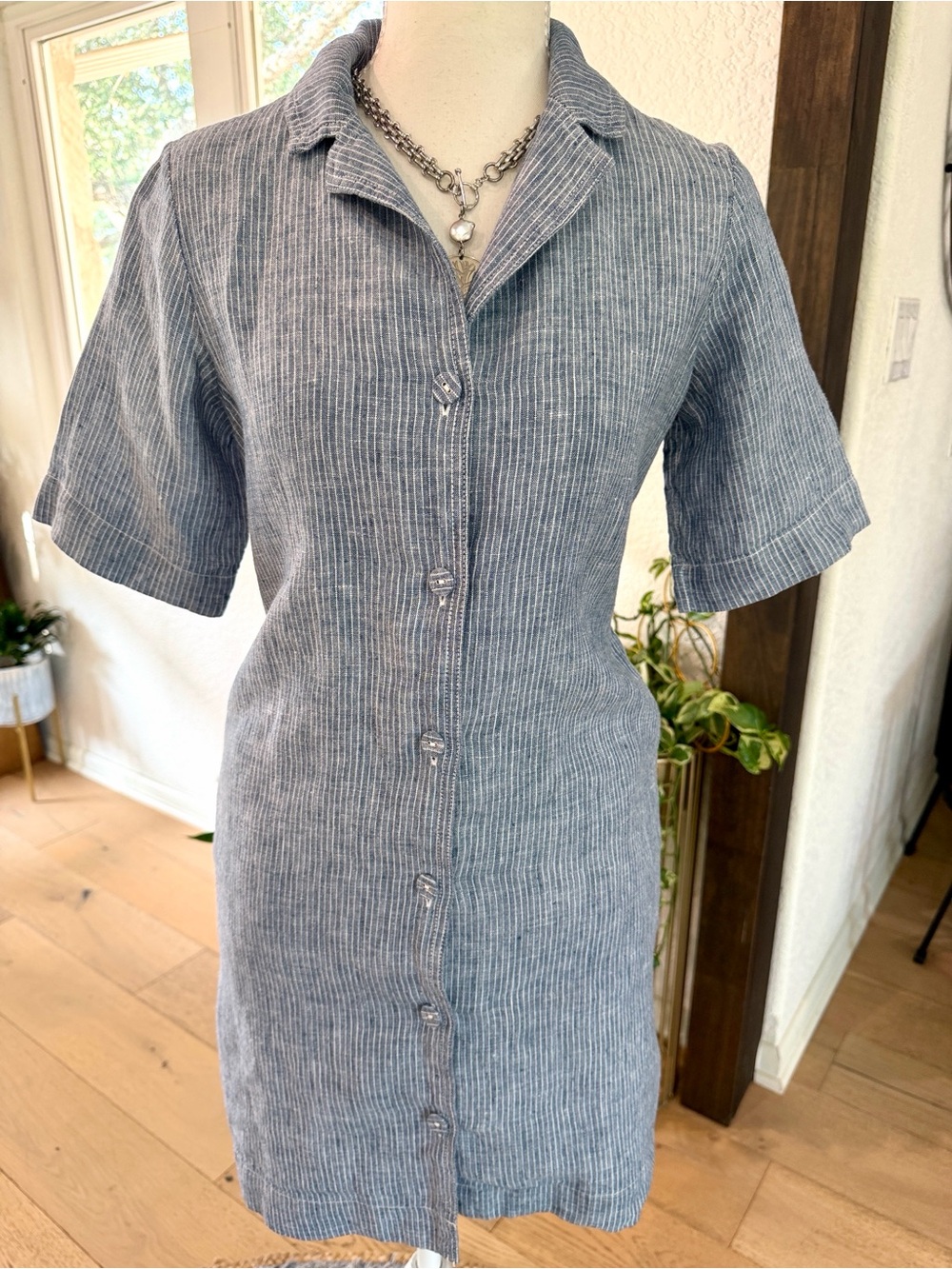 Everlane Blue-Gray Striped Short-Sleeve 100% Linen Mini ShirtDress XXS Summer